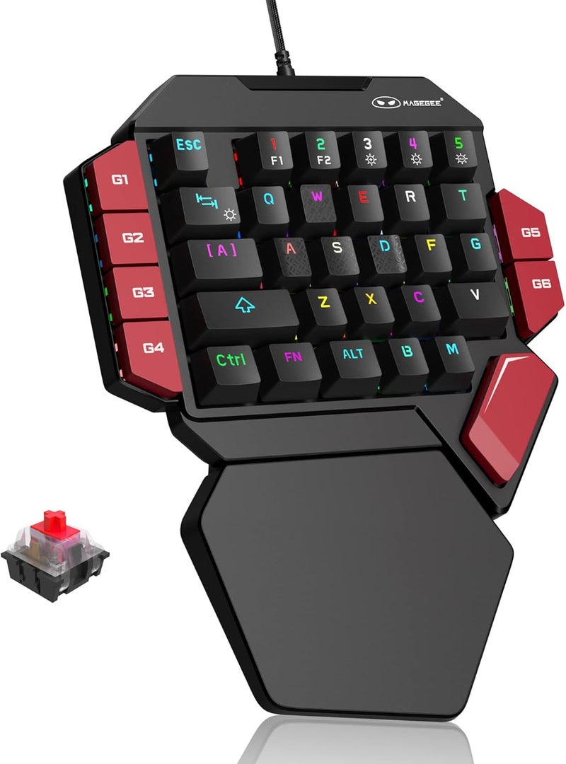 MageGee One Handed Professional Gaming Keyboard, RGB Backlit 35 Keys Mini Wired Mechanical Keyboard with Red Switch for PC Gamer, Support 6 Macro Keys - Black/Red - Image 1